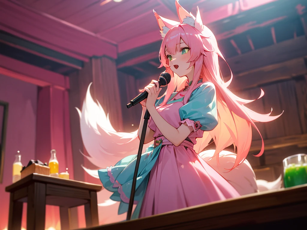 kitsune idol in a tavern, foxgirl, pink fox ears, pink fox tails, pink hair, green eyes, light blue idol dress, tavern background, high quality, masterpiece, singing