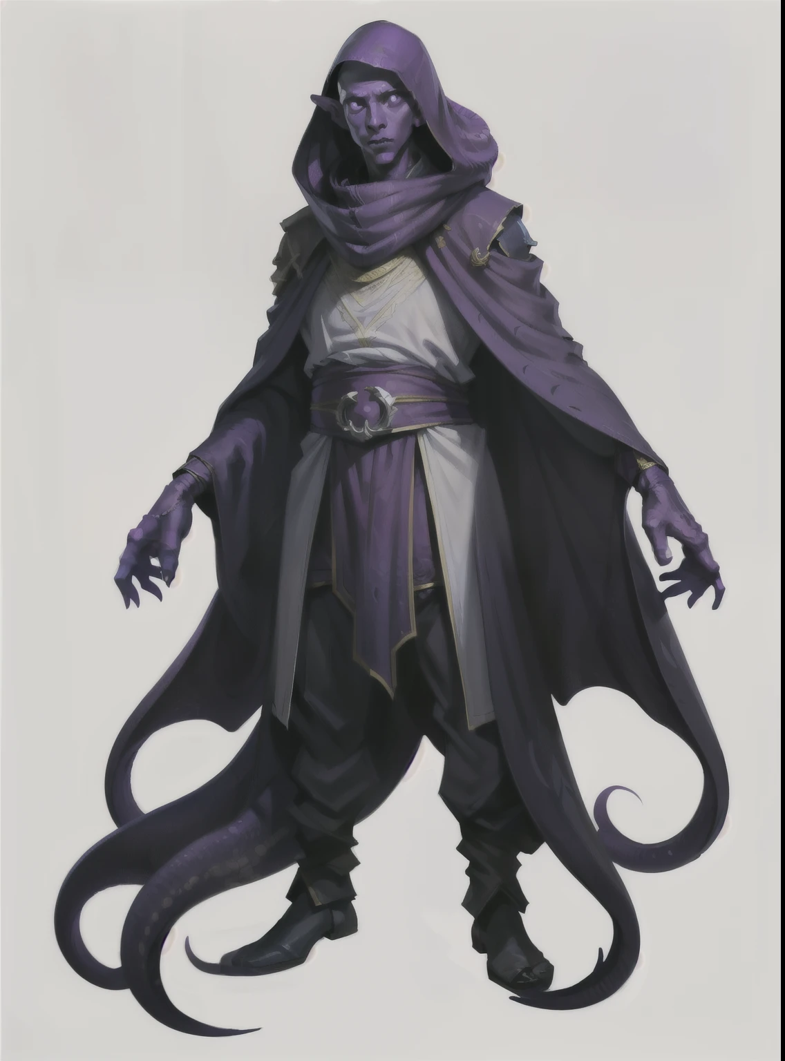 I want a character with a white background, png, full body image, mind flayer, purple skin and tentacles, cloth clothes all over the body.