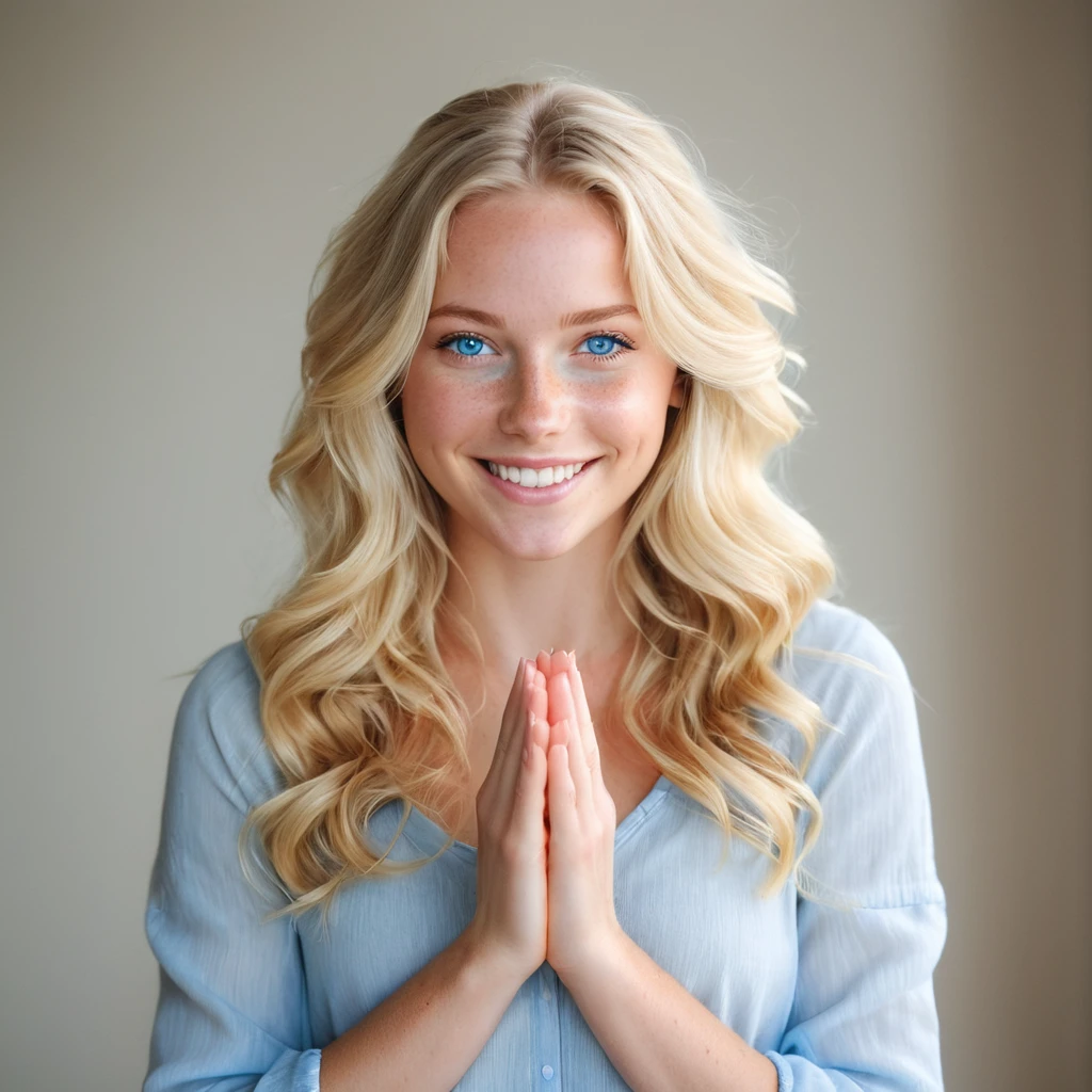 The image shows a young woman with a radiant smile. She has long, wavy blonde hair and striking blue eyes. Her skin appears fair, and she has a few freckles on her face. She is holding her hands together in front of her, with her palms facing upwards. The background is softly blurred, suggesting an indoor setting with natural light, possibly from a window. The overall mood of the image is warm and inviting.