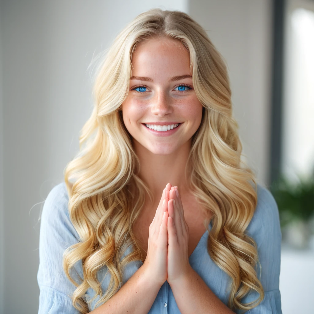 The image shows a young woman with a radiant smile. She has long, wavy blonde hair and striking blue eyes. Her skin appears fair, and she has a few freckles on her face. She is holding her hands together in front of her, with her palms facing upwards. The background is softly blurred, suggesting an indoor setting with natural light, possibly from a window. The overall mood of the image is warm and inviting.
