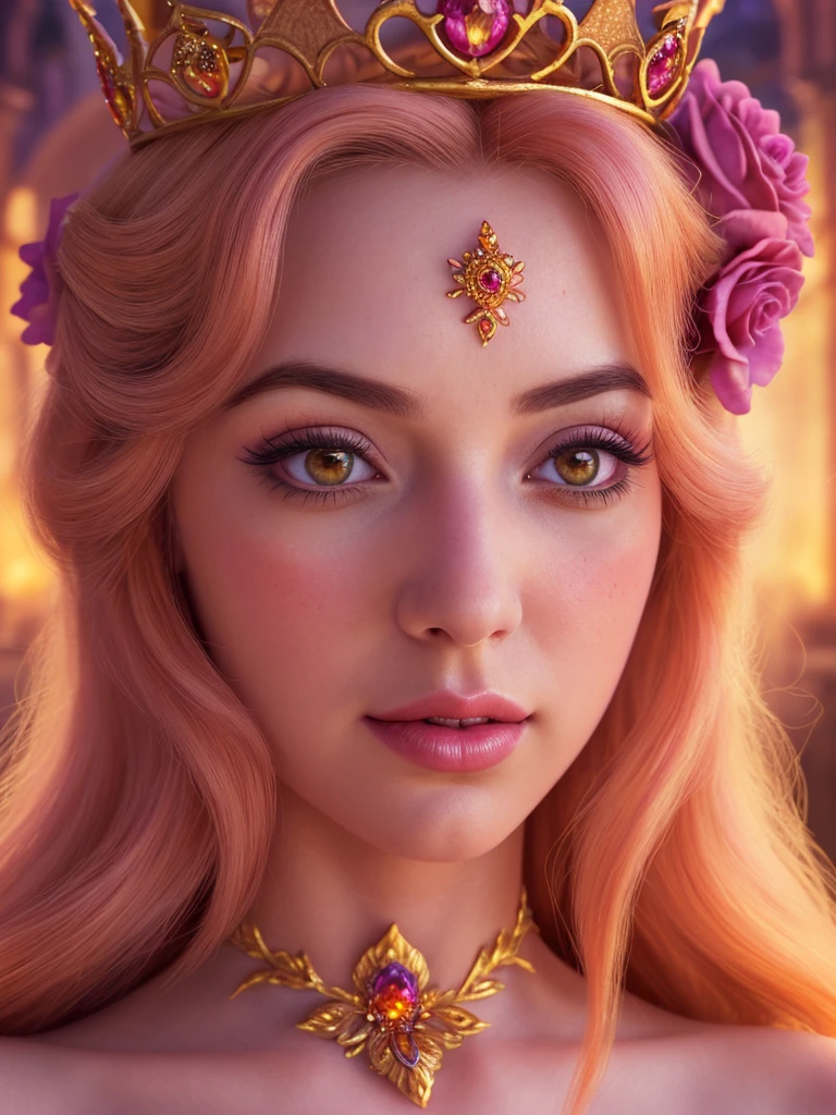 a beautiful detailed Princess Peach, highly detailed face, expressive eyes, full lips, long eyelashes, detailed skin, detailed hair, elegant crown, detailed royal dress, detailed jewelry, detailed flower crown, intricate castle background, fantasy landscape, cinematic lighting, dramatic colors, vibrant and warm color palette, digital art, 8k, highly detailed, photorealistic