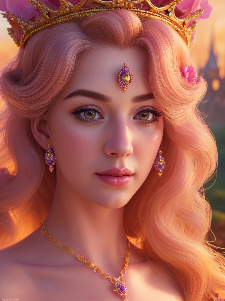 a beautiful detailed Princess Peach, highly detailed face, expressive eyes, full lips, long eyelashes, detailed skin, detailed hair, elegant crown, detailed royal dress, detailed jewelry, detailed flower crown, intricate castle background, fantasy landscape, cinematic lighting, dramatic colors, vibrant and warm color palette, digital art, 8k, highly detailed, photorealistic
