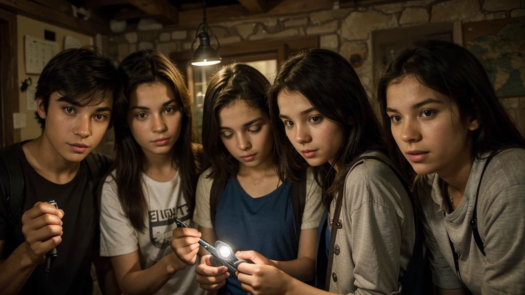 Four friends, in which two are boys and two are girls , gathered together, looking determined and curious. They are holding a flashlight and a map, planning their adventure. there are only four friends