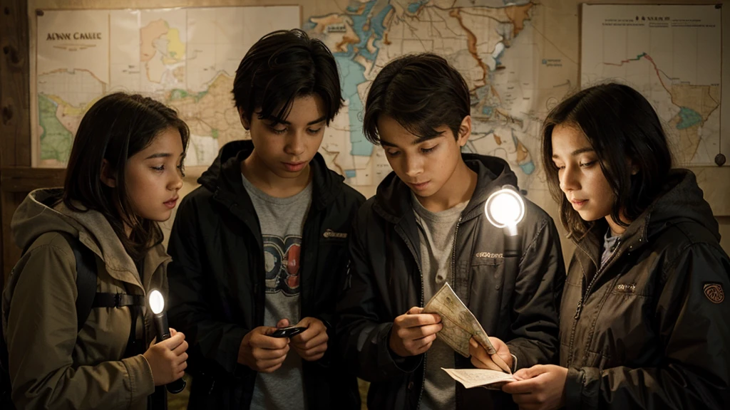 Four friends, in which two are boys and two are girls , gathered together, looking determined and curious. They are holding a flashlight and a map, planning their adventure. there are only four friends