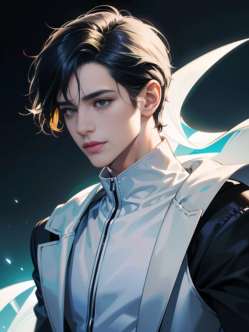 (Best quality, A high resolution,ultra detailed,realistic:1.2),portrait, 30 years old man, White skin, sci fi, scientist, face confident, A slight smile, elegant white suit, confident pose, black hair styled with side bangs, scientist, bright colors, Cyberpunk, dark background, waist high shot
