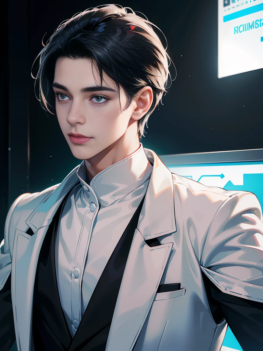 (Best quality, A high resolution,ultra detailed,realistic:1.2),portrait, 30 years old man, White skin, sci fi, scientist, face confident, A slight smile, elegant white suit, confident pose, black hair styled with side bangs, scientist, bright colors, Cyberpunk, dark background, waist high shot