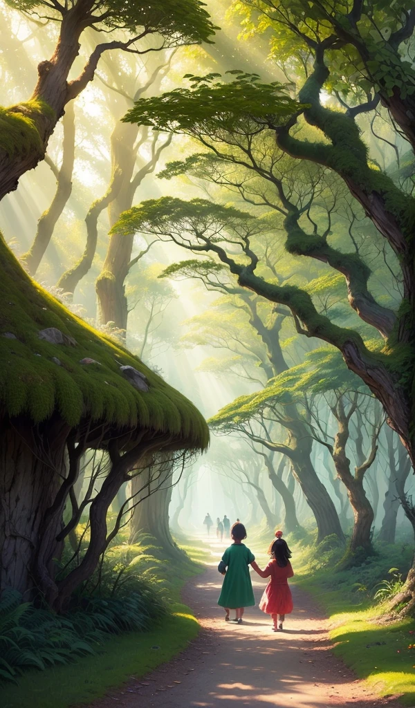 (anime, digital paint, enchanted forest background, vibrant colors, sunlight filtering through trees, happy children walking hand in hand on a mossy path, dense foliage all around, sense of wonder and adventure)