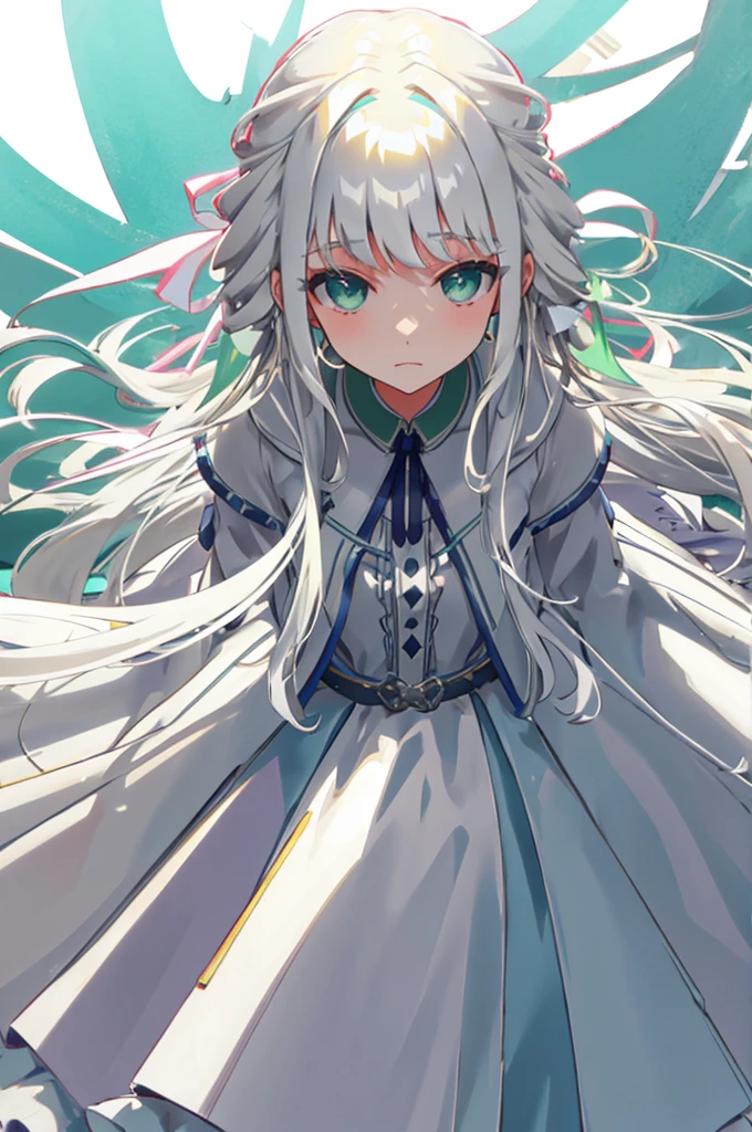White Hair、Green Eyes、Long Hair、White dress、mysterious、White background