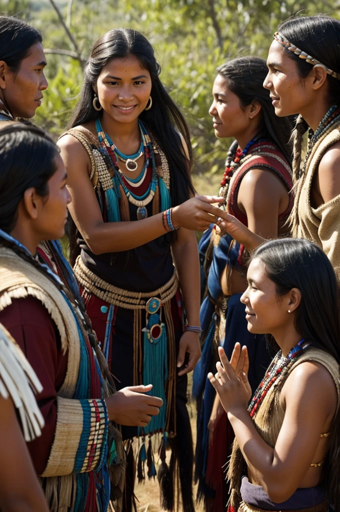 A young woman greeting a group of indigenous people