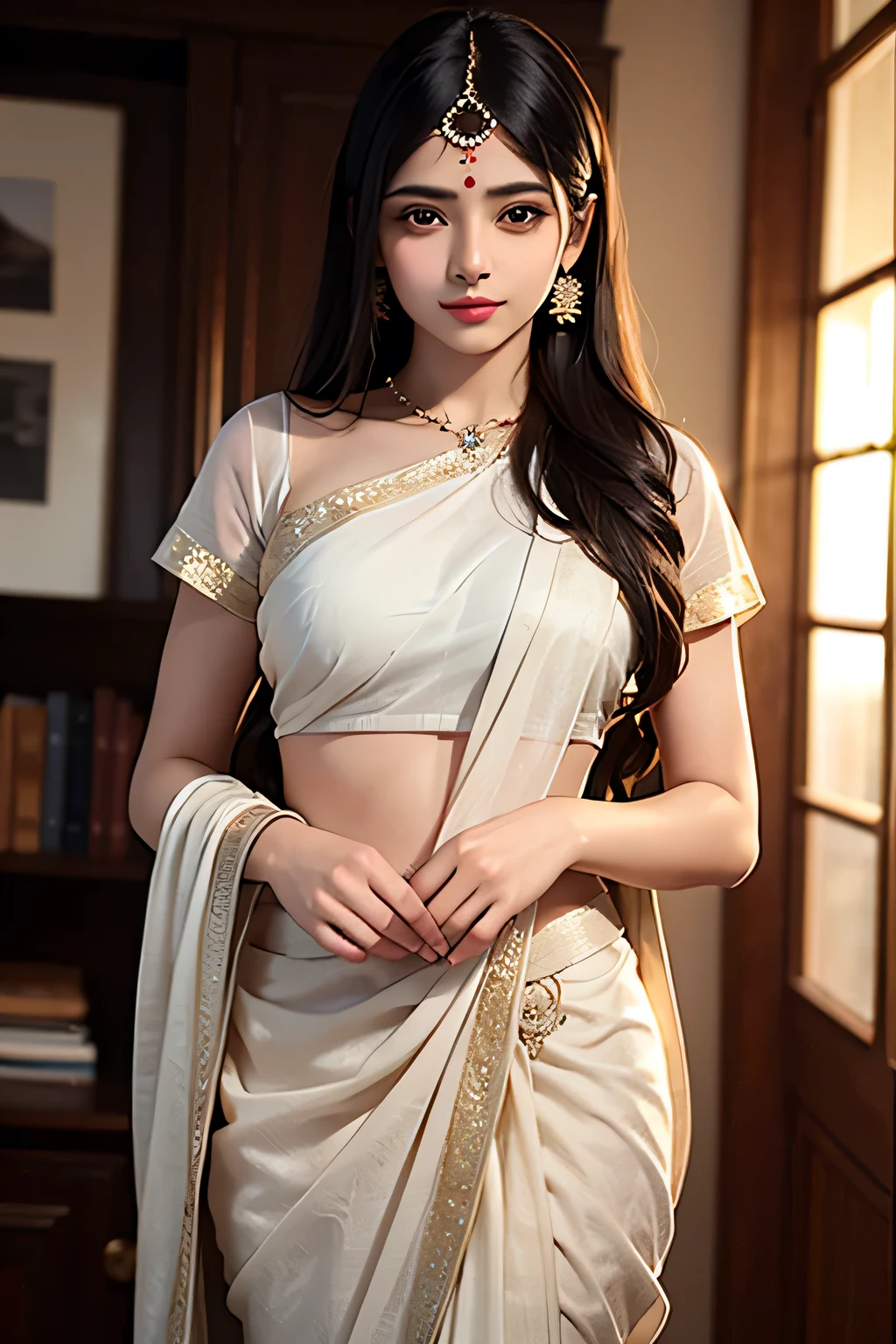 ((best quality)), ((masterpiece)), (detailed), Beautiful indian woman, thin saree, photos