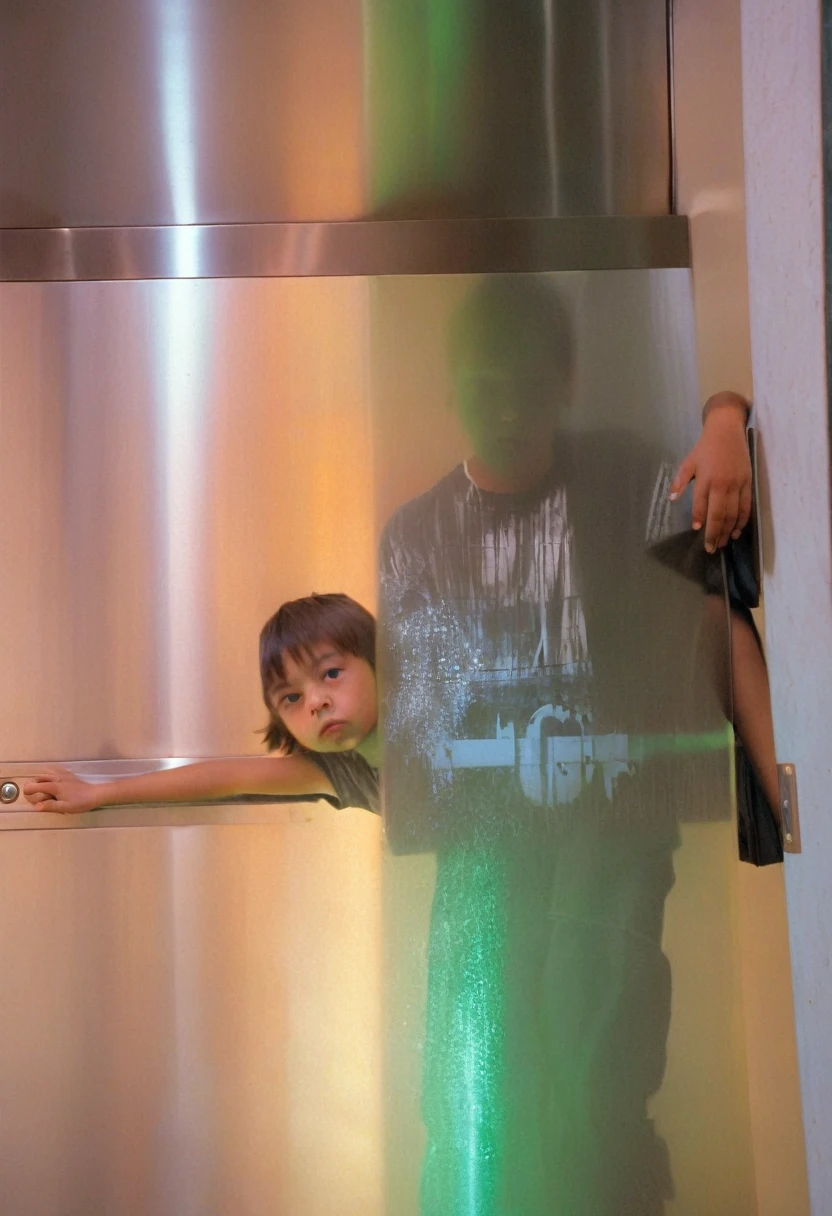 there is a boy standing in front of a metal door, in an elevator, photo by full body, full body shot photograph, taken in the late 2000s, indoor picture, very low quality image, taken on a 2000s camera, full body portrait shot, Full-body image, taken mid-2000s