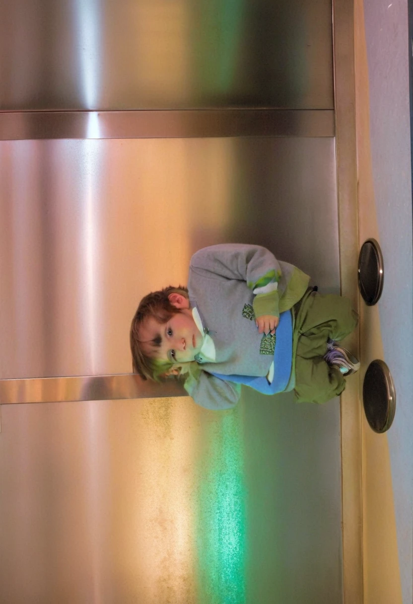 there is a boy standing in front of a metal door, in an elevator, photo by full body, full body shot photograph, taken in the late 2000s, indoor picture, very low quality image, taken on a 2000s camera, full body portrait shot, Full-body image, taken mid-2000s