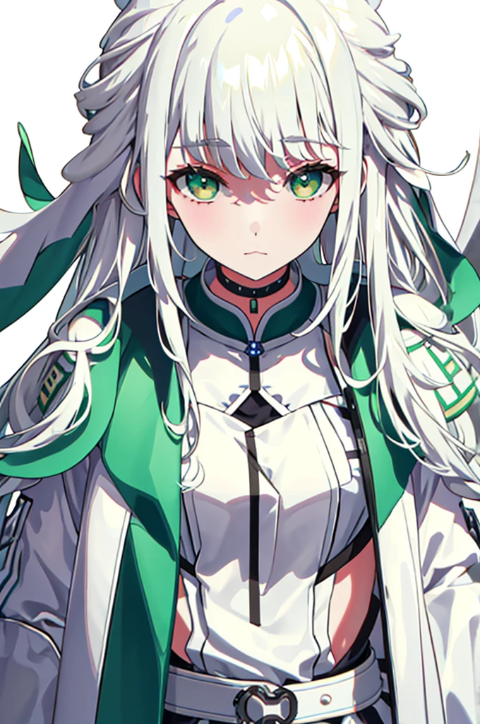White Hair、Green Eyes、Long Hair、White dresysterious、White background