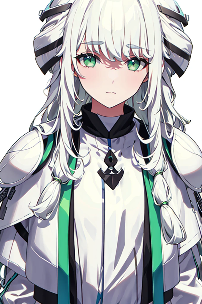 White Hair、Green Eyes、Long Hair、White dresysterious、White background