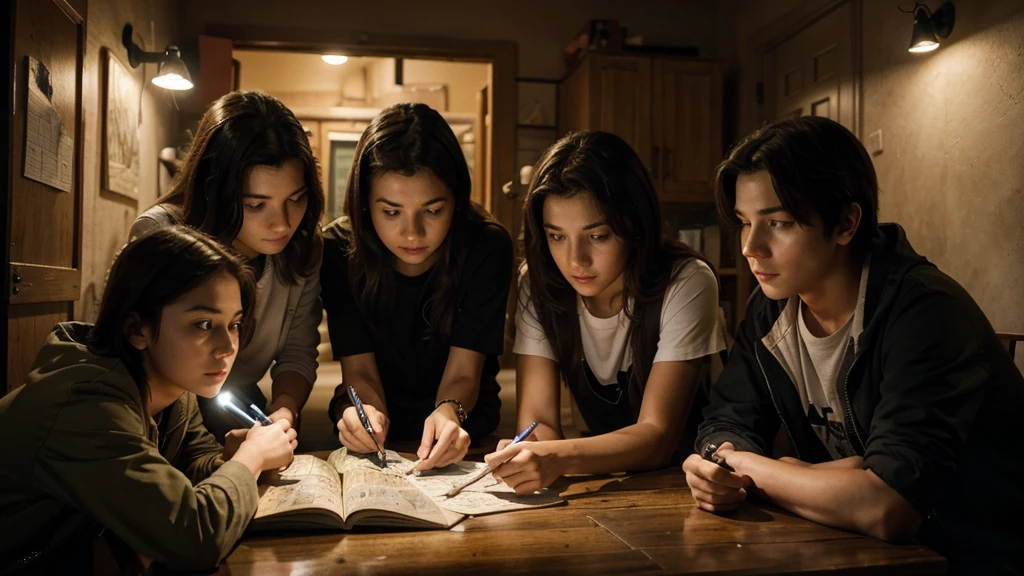 Four friends, in which two are boys and two are girls , gathered together, looking determined and curious. They are holding a flashlight and a map, planning their adventure. there are only four friends. they are looking on m ap