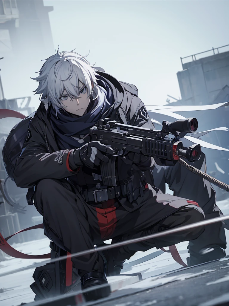 anime character with gun in hand and scarf, an anime drawing inspired by Okumura Togyu, trends on pixiv, neoism, trigger anime art style, Anime main art, white hair, best 4k konachan anime wallpaper, an angry teenage killer, de white hair, male anime character, anime character detailed art, com sniper na cor branca
Cabelos curtos e bagunçads
Cachecol cobrindo o rosto
Roupa preta de assassino
Sniper branca pintada de branca detalhes brancos