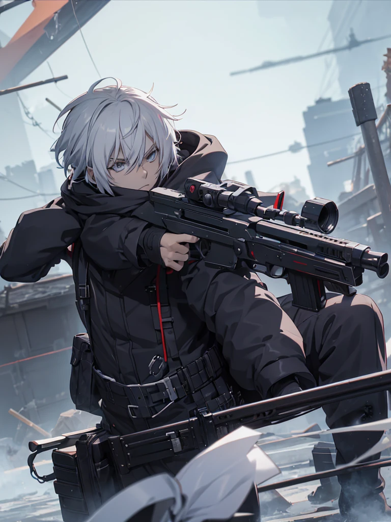 anime character with gun in hand and scarf, an anime drawing inspired by Okumura Togyu, trends on pixiv, neoism, trigger anime art style, Anime main art, white  hair, best 4k konachan anime wallpaper, an angry teenage killer, de white  hair, male anime character, anime character detailed art, com sniper na cor branca



Cabelos curtos e bagunçads 

Cachecol cobrindo o rosto 

Roupa preta de assassino 

Sniper branca pintada de branca detalhes brancos 