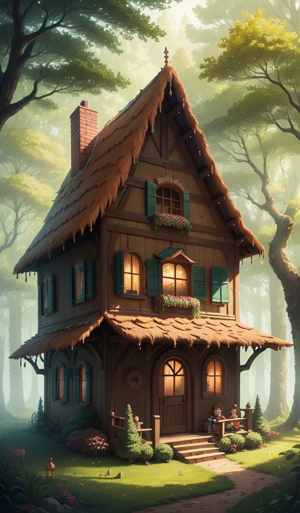 (anime, digital paint, gingerbread house nestled in a forest clearing, vibrant and colorful, astonished faces of the children, candy and sweets decorations, fairy tale setting, viewed from a low angle with trees framing the scene, inviting and magical ambiance)