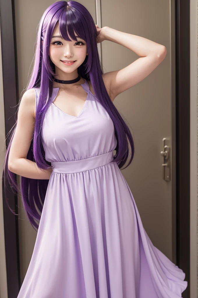 Smiling anime girl with long hair and purple bangs and soft dress