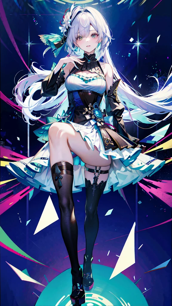 (best quality, Detailed background, High resolution, absurd, bloom, disheveled hair, shiny hair, expostured in lighting, Smart pupils),
1 Girl, Focus on the legs, earpiece, long hair, silver hair, Large target_breast, action_posture, permanent, Put your hands behind your back, stage, spotlight, Glass Ceiling,
shenhe \(Genshin Impact\), hair_Decorations, hair over one eye, Designer Dresses, Dutch_angle,