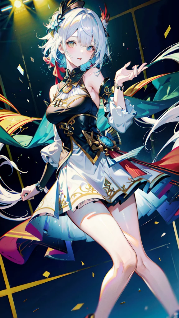 (best quality, Detailed background, High resolution, absurd, bloom, disheveled hair, shiny hair, expostured in lighting, Smart pupils),
1 Girl, Focus on the legs, earpiece, long hair, silver hair, Large target_breast, action_posture, permanent, Put your hands behind your back, stage, spotlight, Glass Ceiling,
shenhe \(Genshin Impact\), hair_Decorations, hair over one eye, Designer Dresses, Dutch_angle,