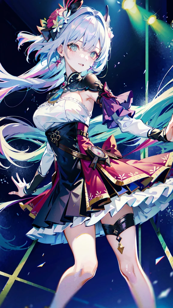 (best quality, Detailed background, High resolution, absurd, bloom, disheveled hair, shiny hair, expostured in lighting, Smart pupils),
1 Girl, Focus on the legs, earpiece, long hair, silver hair, Large target_breast, action_posture, permanent,  Put your hands behind your back, stage, spotlight, Glass Ceiling, 
shenhe \(Genshin Impact\), hair_Decorations, hair over one eye,  Designer Dresses,  Dutch_angle,