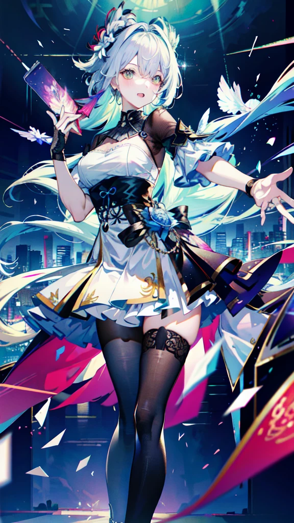 (best quality, Detailed background, High resolution, absurd, bloom, disheveled hair, shiny hair, expostured in lighting, Smart pupils),
1 Girl, Focus on the legs, earpiece, long hair, silver hair, Large target_breast, action_posture, permanent, Put your hands behind your back, stage, spotlight, Glass Ceiling,
shenhe \(Genshin Impact\), hair_Decorations, hair over one eye, Designer Dresses, Dutch_angle,