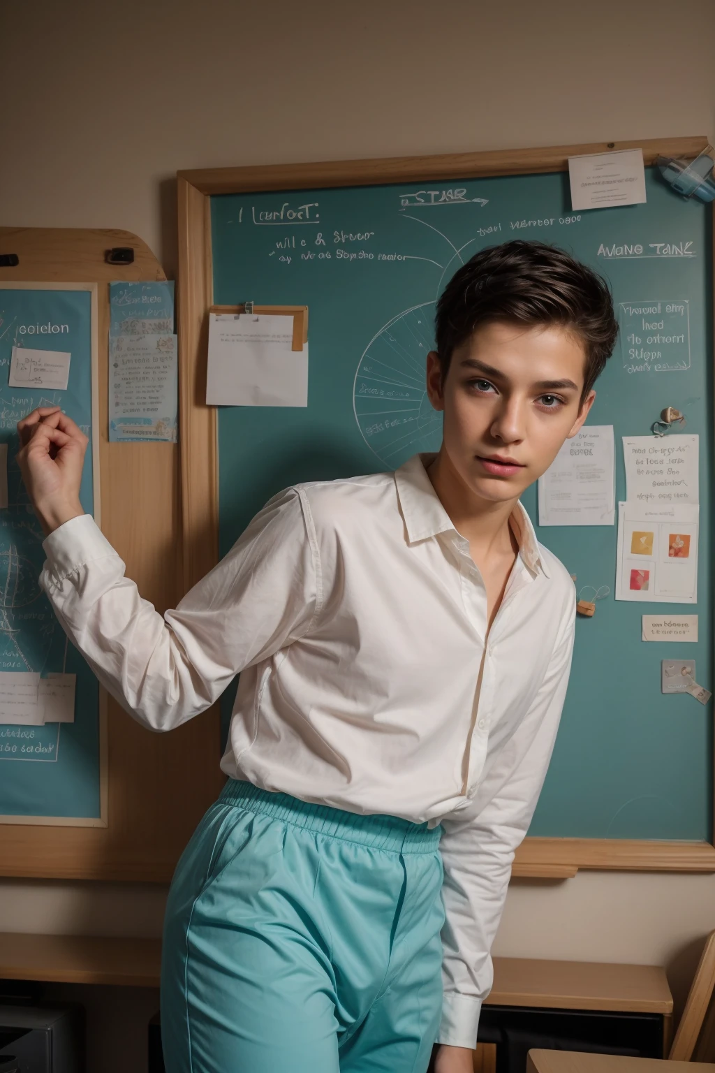 A beautiful young man, a cute male twink, with black hair, a face with reddish make-up, wearing a bright white long-sleeved shirt and aqua blue pants. He is in his office, and behind him is a blackboard on which is written the shape of the brain and its anatomy, and nuclear energy comes out of it.