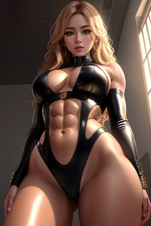 Woman standing in front with hips pushed forward, (from below view), low angle woman, from hip level, 1girl, sensitive woman, hourglass body, slender waist, (well-defined ripped abs), sculpted abs, spread legs, massive hips, wide hips, thick thighs, shiny femenine skin, oiled wet skin, k-pop gyaru, soft light, hard light, soft shadow, fine details, masterpiece, (8k, RAW photo, highest quality, masterpiece), High detail RAW color photo professional close-up photo, (realistic, photo realism), (highest quality), (best shadow), (best illustration), ultra high resolution, extremely detailed CG unity 8k wallpaper, 4k, dramatic