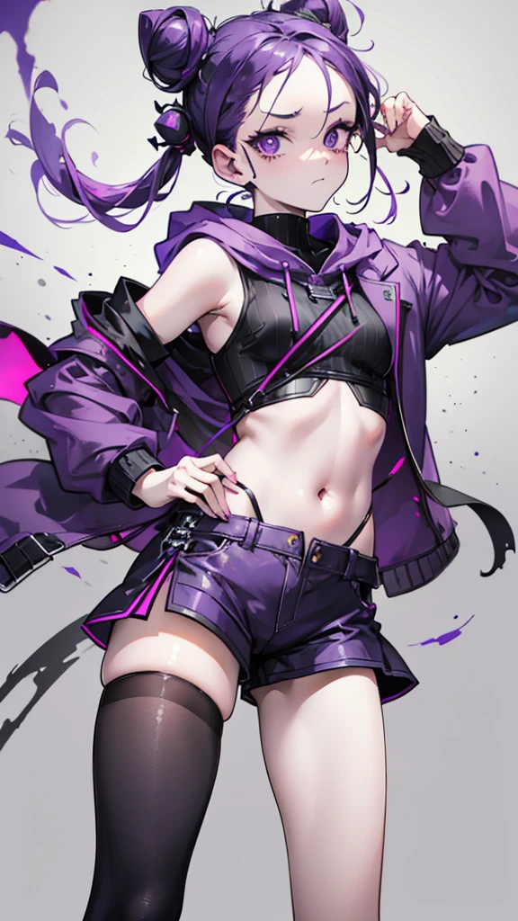 boy. thoughtful look. open forehead. black and purple hair tied in a bun on the left side to one side. sinuous black horns wrapped in dark purple ribbon. pale violet eyes. in short dark purple shorts. long white T-shirt. dark purple knee-high socks. dark_purple long coat with hood. древние dark_purple stone walls purple light from lamps