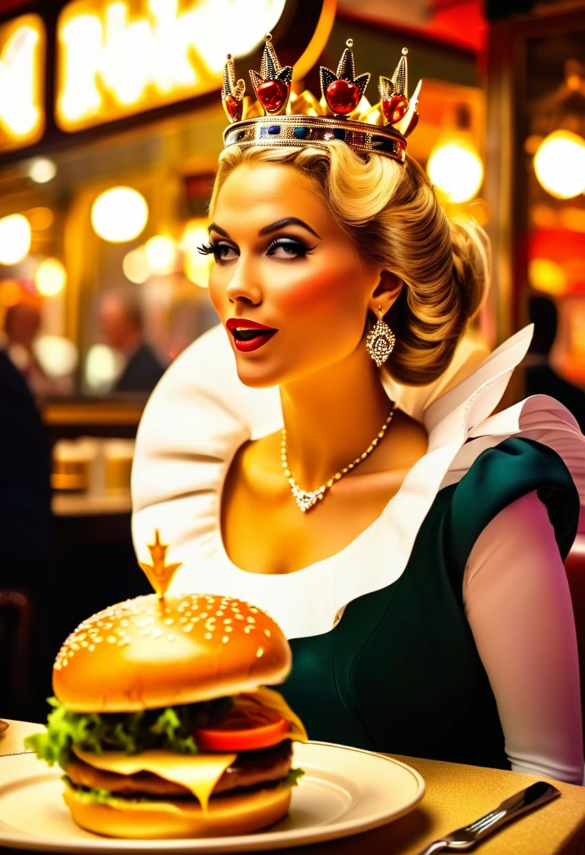 a picture of a royal queen eating a juicy hamburger, royal queen, blond hair, in a bun, dynamic eye color, wearing a royal (crown:1.2). elegant crown, glamour crown, wearing elegant dress, royal dress, royal cloak, high fashion, wearing high heels, sitting in diner, eating a juicy hamburger, delicious hamburger, her (scepter: 1.1) is on the table American diner background, she enjoys the hamburger, Cinematic Hollywood Film