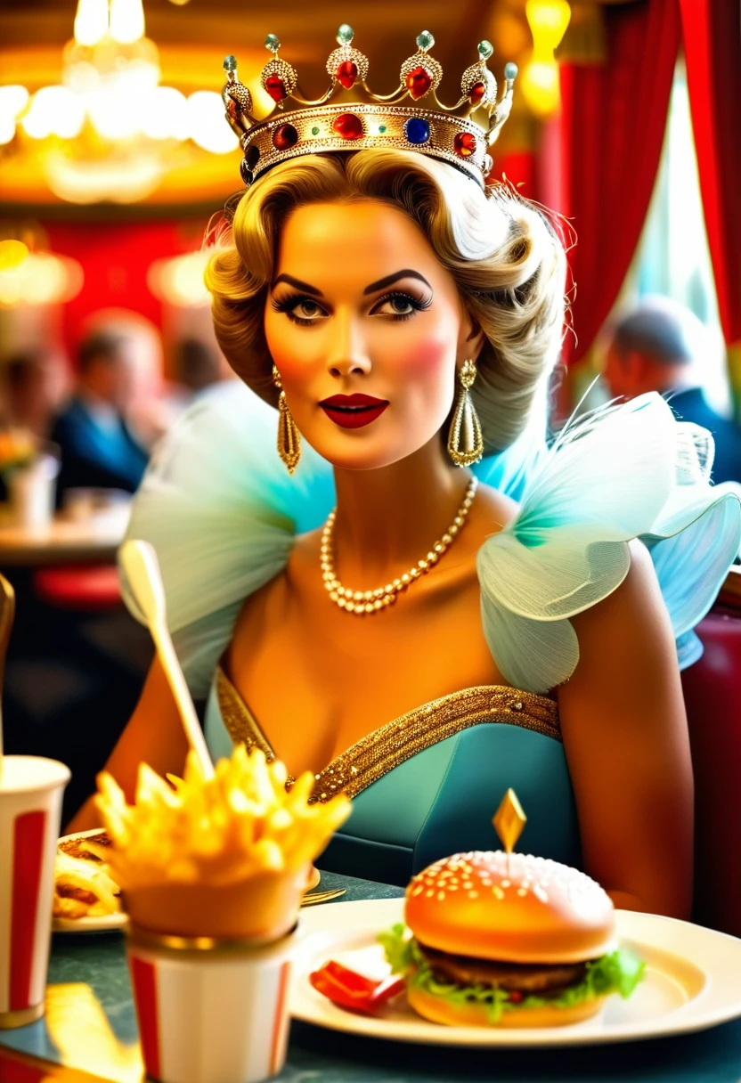 a picture of a royal queen eating a juicy hamburger, royal queen, blond hair, in a bun, dynamic eye color, wearing a royal (crown:1.2). elegant crown, glamour crown, wearing elegant dress, royal dress, royal cloak, high fashion, wearing high heels, sitting in diner, eating a juicy hamburger, delicious hamburger, her (scepter: 1.1) is on the table American diner background, she enjoys the hamburger, Cinematic Hollywood Film
