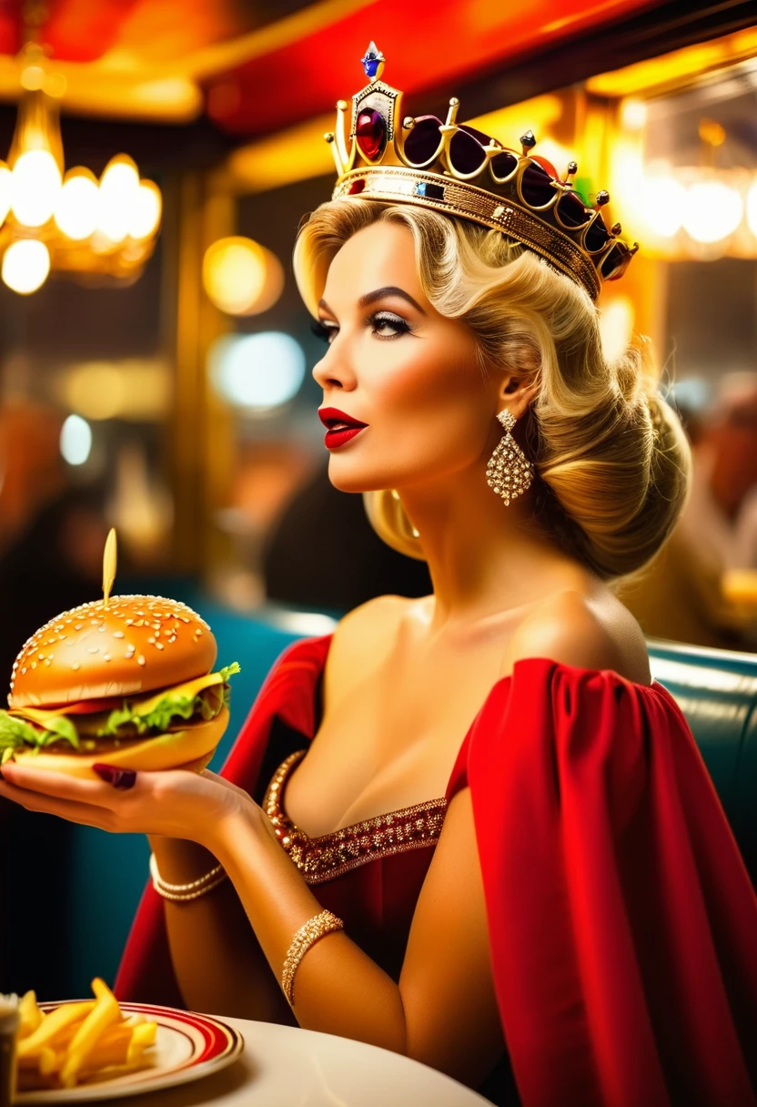 a picture of a royal queen eating  a juicy hamburger, royal queen, blond hair, in a bun, dynamic eye color, wearing a royal (crown:1.2). elegant crown, glamour crown, wearing elegant dress, royal dress, royal cloak, high fashion, wearing high heels, sitting in diner, eating a juicy hamburger, delicious hamburger, her (scepter: 1.1) is on the table  American diner background, she enjoys the hamburger, Cinematic Hollywood Film