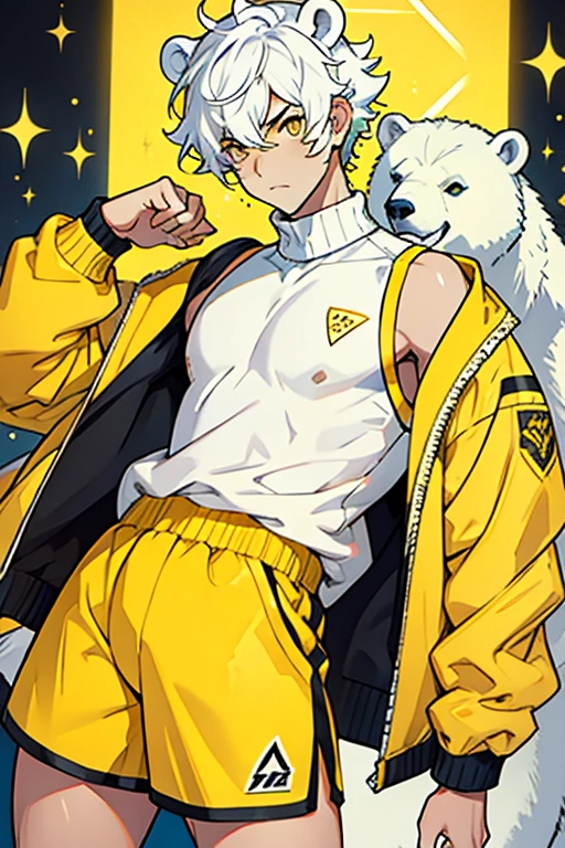 Young man short curly hair white with glitter polar bear ears yellow eyes yellow sleeveless shirt yellow waist sweater white shorts angry
