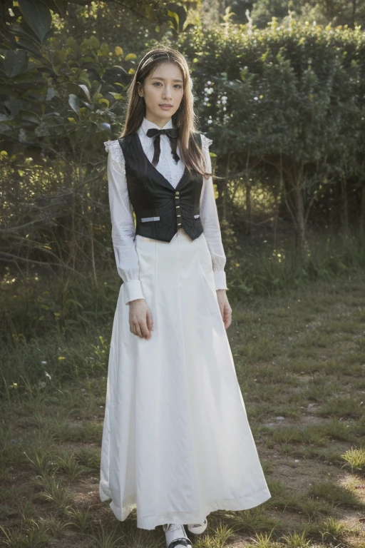 rebellious，Dramatic，Girls, Full body portrait，White hair, Long hair, Large Breasts, Cat hair ornaments, Side lock, White hair, Shiny hair, , (Delicate eyes: 1.2), (There are two long triangle extensions on the skirt, Abdominal vest), White buttons for vest corset, (Wear a short-sleeved striped shirt under the vest), (The sleeves end close to the arms), (There is a thick black ribbon around the neck), ( Magenta skirt),( Beautiful long legs:1.2),