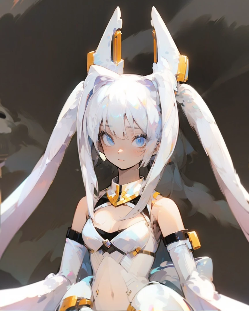 (((Masterpiece))), (((Beautiful Light))), Anime Girl, 1girl, Young, Short Height, Flat Chest, Solo, Wings, Long Hair, Dress, Blue Eyes, White Dress, Priestess Dress, Cape, White Hair, White Pantyhose, Feather Wings, Watching People, Very Long Hair, White Wings, Bangs, Gradient Hair