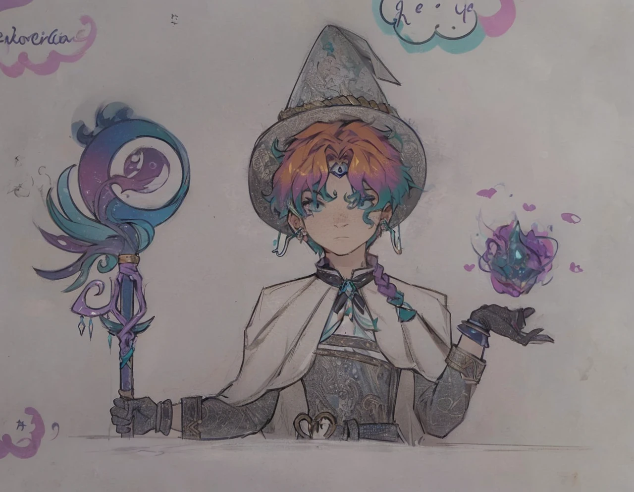 a wizard, blonde with sea green and purple hair tips, with a staff with light blue colors, dark blue, rocky and aqua green, he has an elegant black outfit, with a white cover with gold accessories