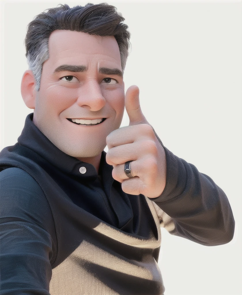 a man with big hair, half gray, making a thumbs up with your hand, with the black t-shirt without a beard.