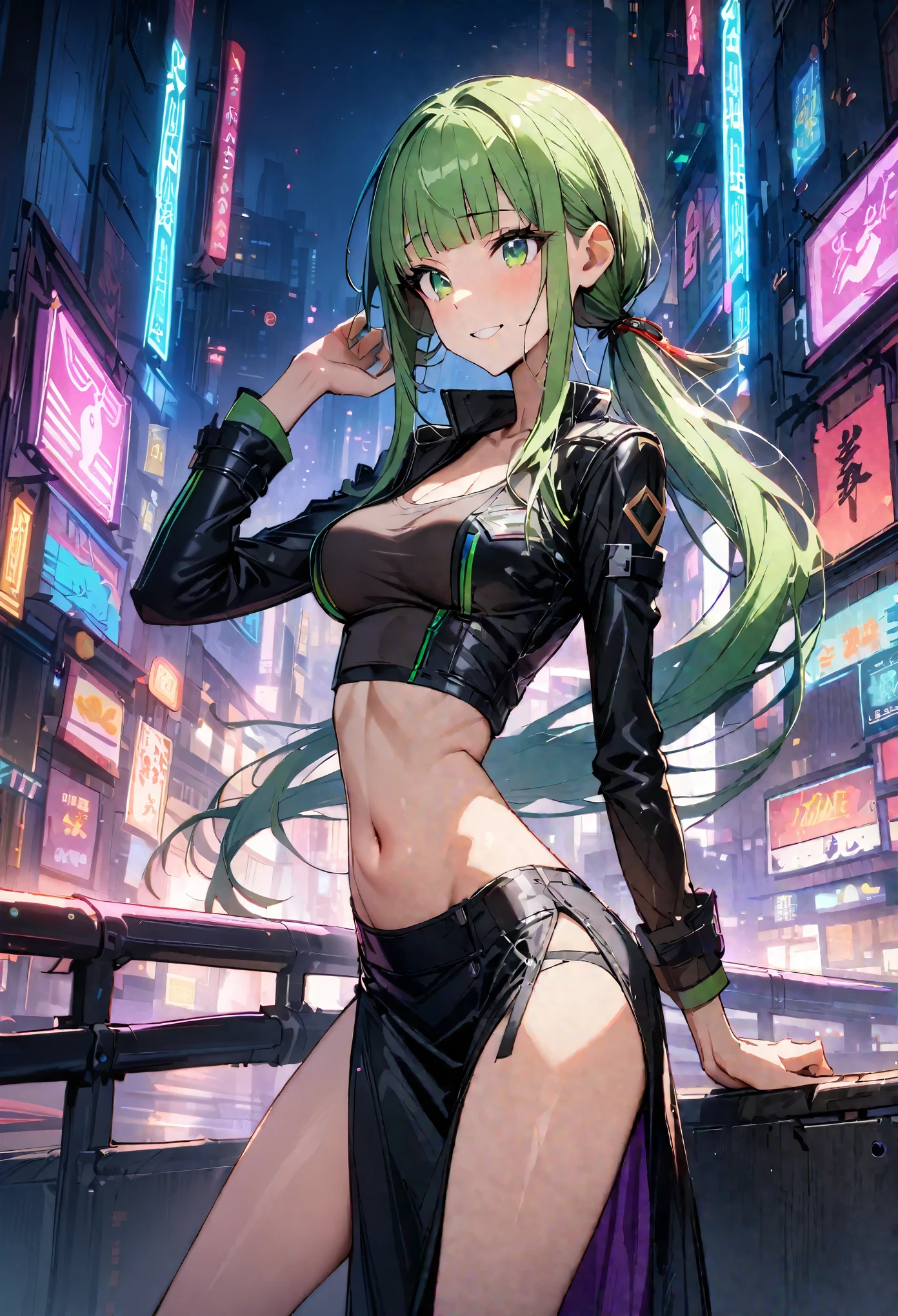 ((masterpiece,Highest quality:1.3)),cowboy shot,1woman,30 year old beauty,独奏,((very small head:1.3)),green hair,(low ponytail),long hair,blunt bangs,green eyes,gorgeous eyes,shy,smile,medium breasts,((very long body:1.2)),((toned body,slender body,skinny)),gleaming skin,shiny skin,(Black leather rider jacket、Tank top、navel、Tight Skirt)、barefoot、standing,Metropolis、neon、cyber punk、World of Blade Runner、