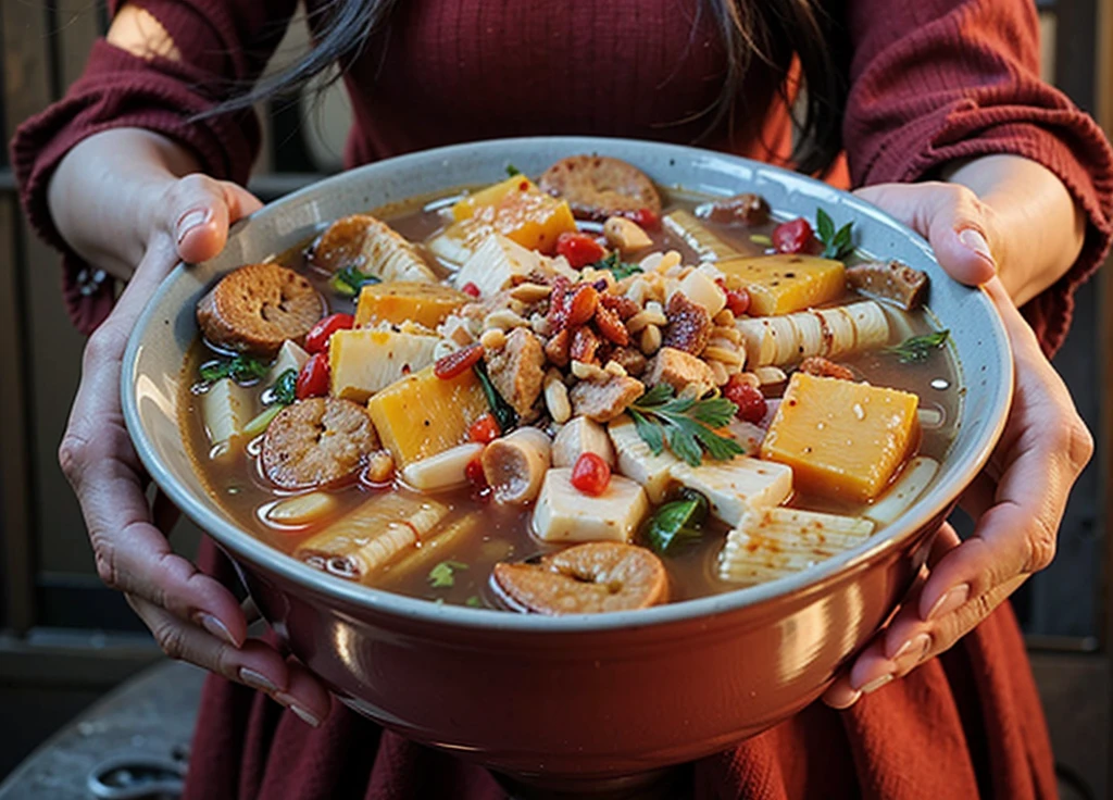 photorealistic, real girl , ((1 girl)), ((ultra-realistic)), gloss, 8k, detailed face, woman wear, red Satan with red wedding dress transparent, showing soup food bowl, standing in a dark room night