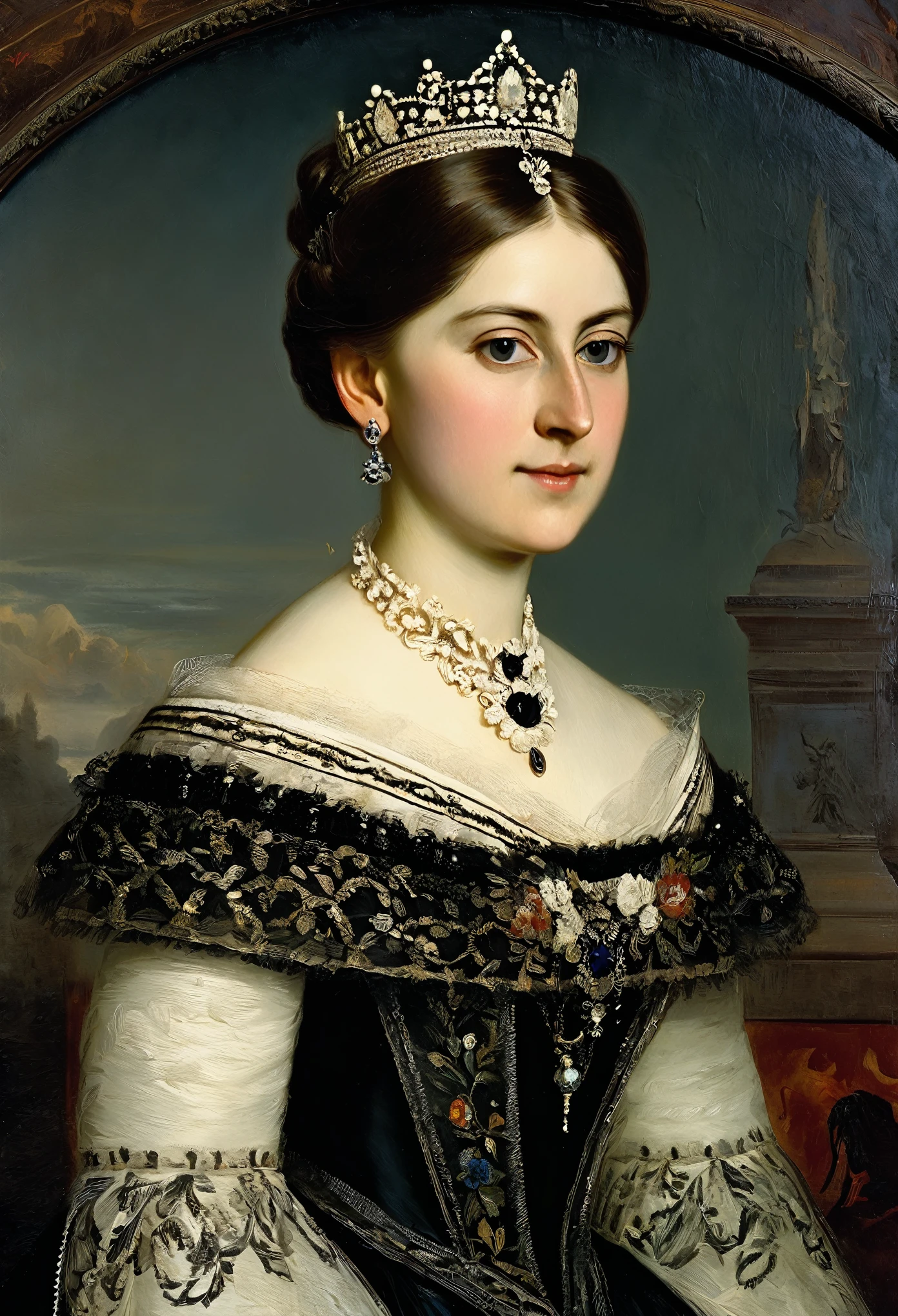 [ceremonial portrait]: charming young Queen Alexandra Pavlovna of Hungary, a slight mysterious smile from the shoulder, a dress with embroidered patterns, first half 19 century,(Adolf Piot style)), The dark Renaissance, (fog, very scuffing), ((palette/oil painting palette knife)), ((masterpiece)), single shot, impression:1.2, extreme detail, perspective:1.33, 8k
