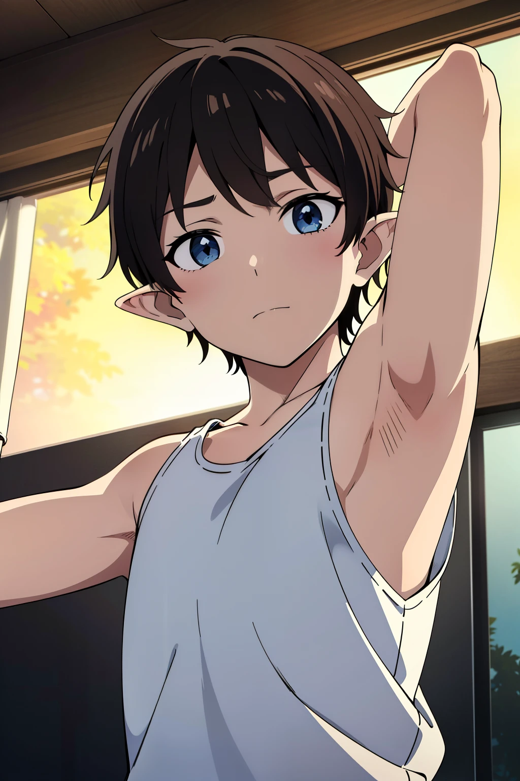 Highres, Masterpiece, Best quality at best,Best Quality,hight quality, hight detailed, Anime screencap style, 1boy, Shota,  boy, Solo, Elf ear, Tank top, Seen from the front, look at viewer, (very young boy), (very small and short body), 12-yeaolds, (Sing armpit:1.3), hansome boy, Uhd, 4k, wallpaper