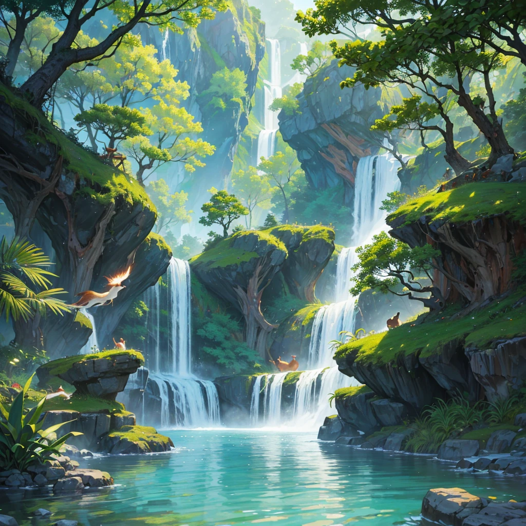 Chinese ancient times, spring, jungle, lake, cave, waterfall, tree, meadow, rock, deer, hot spring, water vapor, (illustration: 1.0), epic composition, realistic lighting, HD details, masterpiece, best quality, (very detailed CG unified 8k wallpaper)