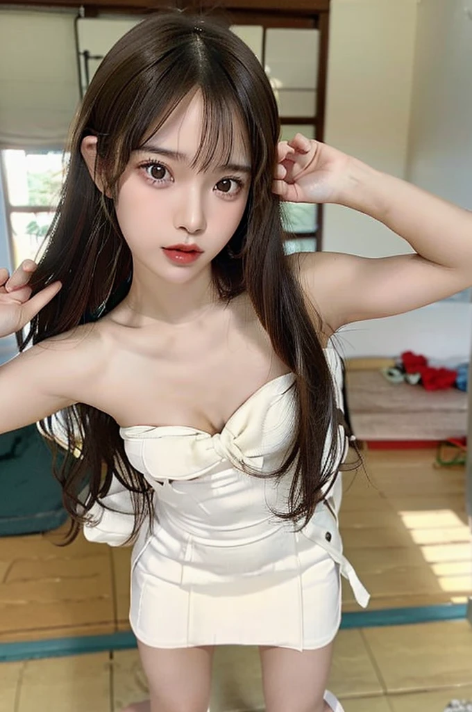 A filipina young girl, tanned skinned, teen baby face, long straight messy hair, random pose、top-quality、A high resolution、(Photorealsitic:1.5), seductive skirt、(Brown hair:1.2)、(flat chested:1.2)、Classroom、looking at viewert、a closeup、full body Esbian、Nasty eyes, seducing viewer