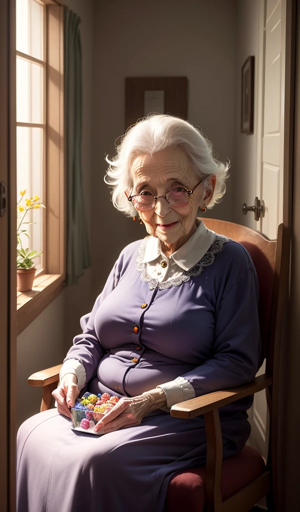 (anime, digital paint, kind-looking old woman appearing from a side room, gentle smile, offering more sweets to the children, warmly lit interior, subtle hints of something sinister in the background)