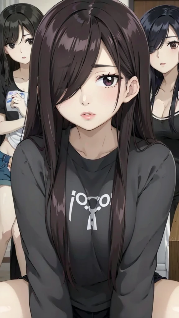 Mommy with 4 daughter,black hair, long hair, (hair over one eye:1.4), messy hair, hair between eyes, chubby cheek,Sexy lips, pucker lips