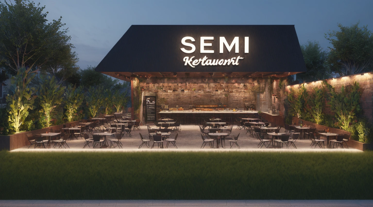 a rendering of a restaurant with a large patio and a restaurant sign, semi realistic, semi - realistic render, semi-realistic, semi - realistic, semi realism, 3 d render even lit, very realistic 3 d render, 3d render, 3 d render, 3 d renders, very realistic render, semi-transparent, very detailed render, 3d rendering