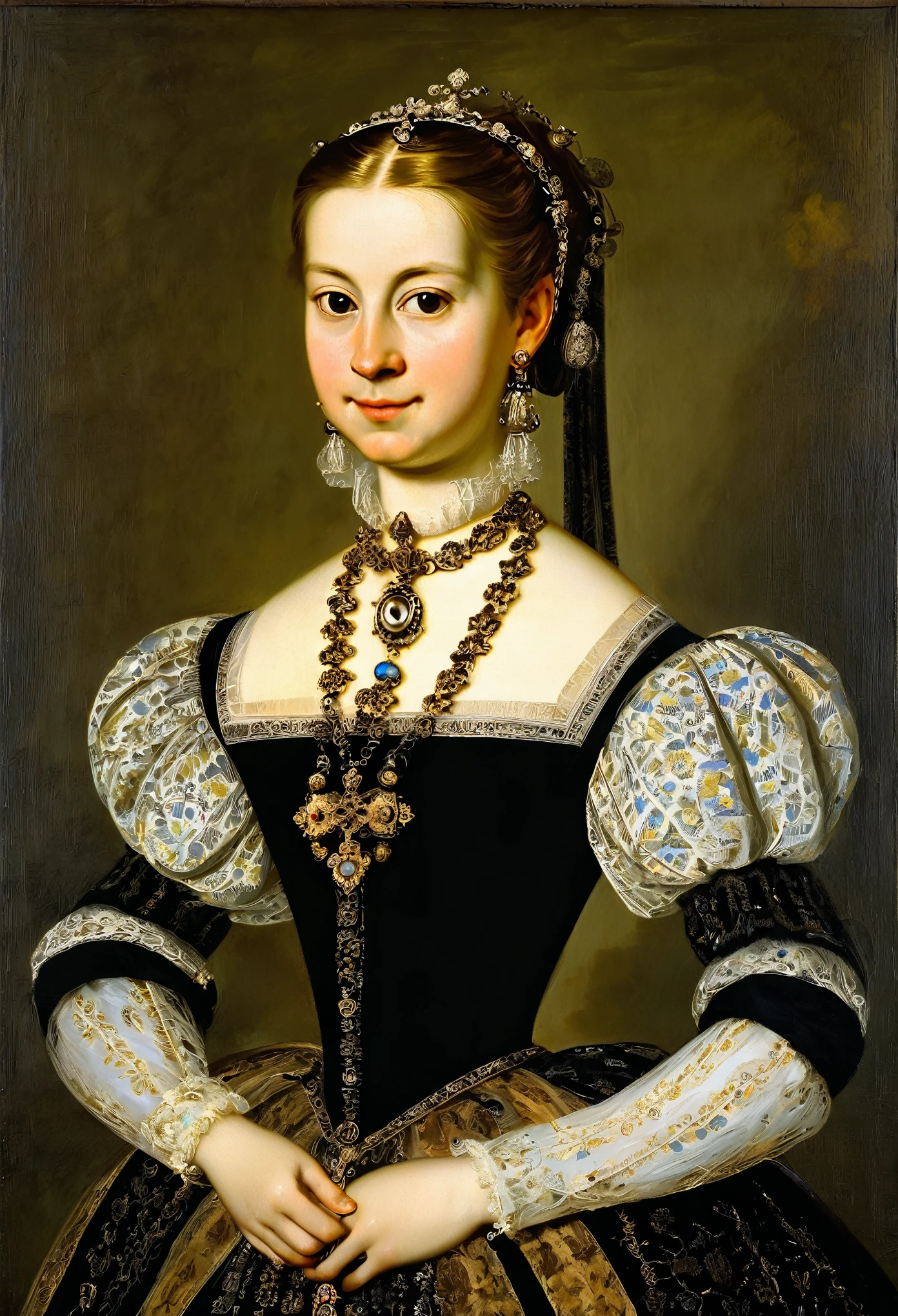 [ceremonial portrait]: charming young queen Anna of Austria with pendants, a slight mysterious smile from the shoulder, a dress with embroidered patterns, 17 century,(Adolf Piot style)), The dark Renaissance, (fog, very scuffing), ((palette/oil painting palette knife)), ((masterpiece)), single shot, impression:1.2, extreme detail, perspective:1.33, 8k