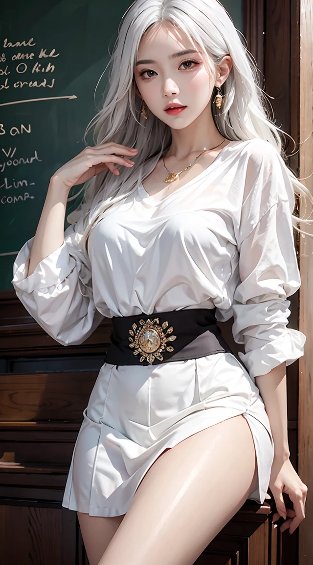 high resolution, 1women, solo, shining skin, jewelry, waist up, white hair, , skirt, classroom