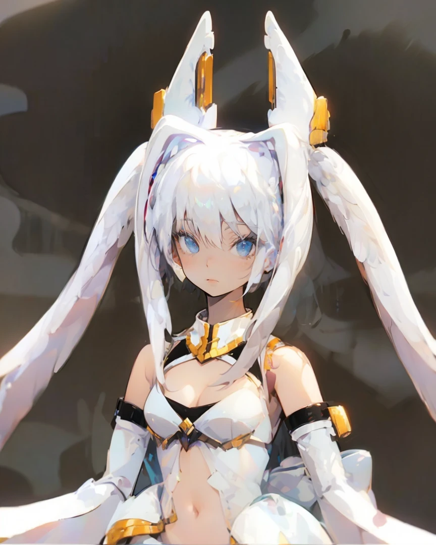 (((Masterpiece))), (((Beautiful Light))), Anime Girl, 1girl, Young, Short Height, Flat Chest, Solo, Wings, Long Hair, Dress, Blue Eyes, White Dress, Priestess Dress, Cape, White Hair, White Pantyhose, Feather Wings, Watching People, Very Long Hair, White Wings, Bangs, Gradient Hair